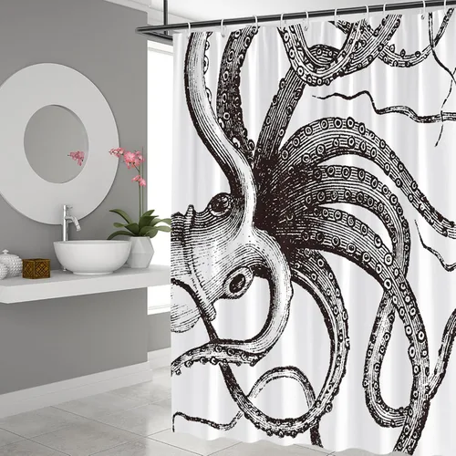 Miniatura 3 de Cortina de ducha con tentáculos de pulpo, monstruo náutico Kraken, vida marina, abstracto, tela de poliéster blanco y negro, juego de decoración