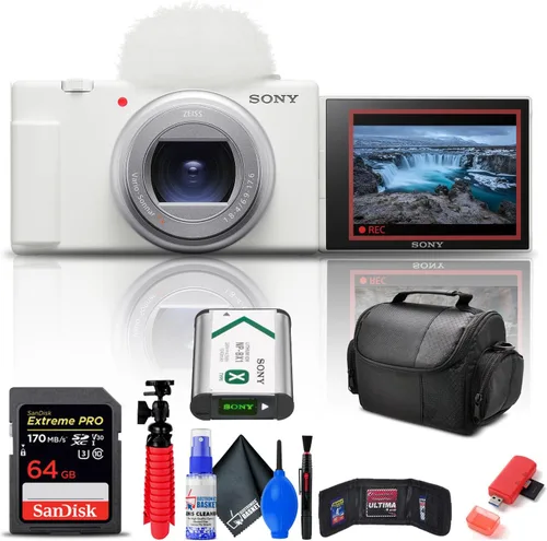 Sony ZV-1 II Cámara de vlog para creadores de contenido y vloggers (blanco) (ZV-1M2/W) + tarjeta de memoria de 64 GB + lector de tarjetas + bolsa