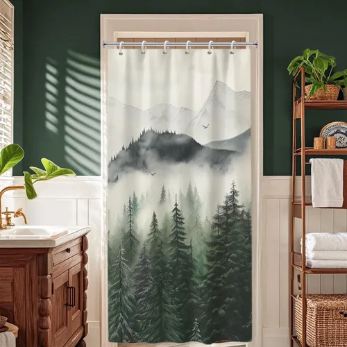Miniatura 17 de Cortina de ducha pequeña en blanco y negro, juego de cortina de ducha de bosque brumoso para baño, impermeable, decoración de baño de montaña
