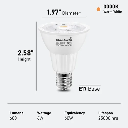 Miniatura 3 de Maelsrlg Bombilla LED E17 6W (equivalente a 60 vatios), bombilla de foco de base intermedia, blanco cálido 3000K, 600 lúmenes, foco reflector E17