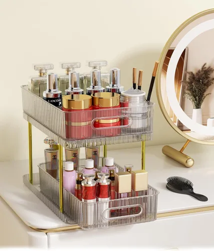 colorsmoon Organizadores de maquillaje y cuidado de la piel de 2 niveles para tocador, organizador grande de perfumes, organizadores de baño