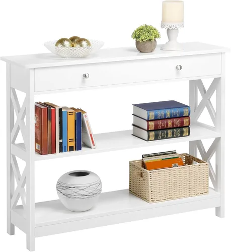 Yaheetech Mesa consola con cajón, mesa de entrada de 3 niveles con estantes de almacenamiento, mesa de sofá estrecha de madera para Blanco
