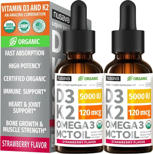 Miniatura 15 de Paquete de 2 gotas orgánicas de vitamina D3 K2 con aceite MCT y Omega 3 - Vitamina líquida D3 5000 UI - Suplemento de vitamina K2 D3 - Gotas