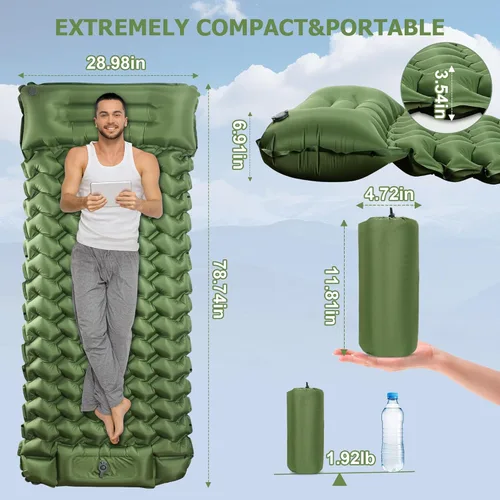 Miniatura 2 de Almohadilla de dormir Toncoke, almohadilla inflable extra gruesa y ultraligera con almohada, bomba de pie de 30s, colchón de camping de 3.54