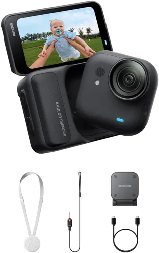 Insta360 GO Ultra - Cámara de vlogging 4K pequeña, manos libres, cámara POV, sensor de 1/1.28 pulgadas, peso de 1.87 oz, FOV de 156°, duración de la