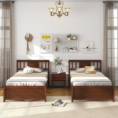 Miniatura 7 de Giantex Marco de cama individual con cabecero, cama de plataforma de madera maciza de mediados de siglo, cama de panel individual con soporte
