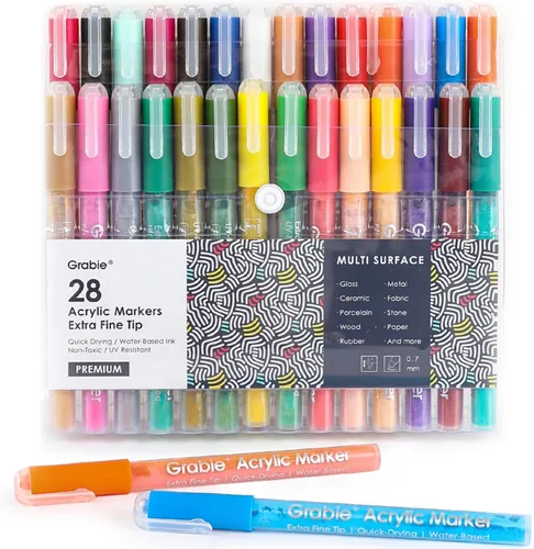 Grabie Marcadores de pintura acrílica, 28 colores, 0.028 in, marcadores de dibujo de punta extrafina, bolígrafos de pintura prémium para pintar en