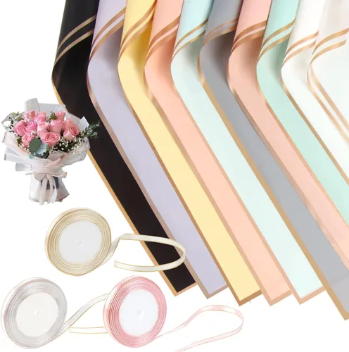 KIMOBER 60 hojas de papel de regalo de flores con borde dorado, 10 colores impermeables, suministros de ramo de floristería con cinta para embalaje