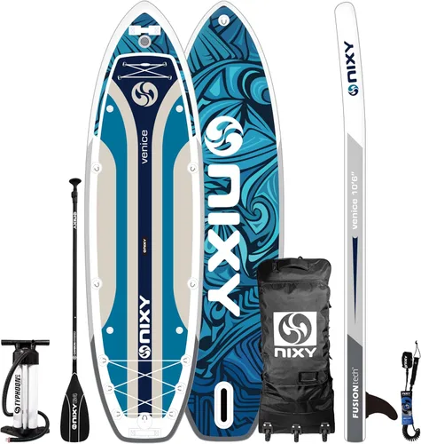 NIXY Venice G5 Cruiser & Yoga Inflatable Paddle Board | 10'6" x 34" x 6" Ultra-Light SUP with Welded Seams, Woven Drop Stitch for Safety and Azul