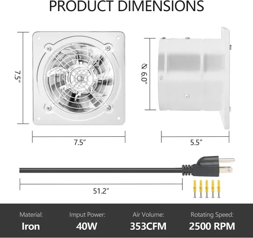 Miniatura 2 de Ventilador de escape de velocidad variable de 6 pulgadas, ventilador de ventilación 353CFM, extractor de pared de 110 V con controlador de velocidad