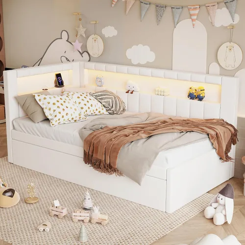 Miniatura 3 de Cama de plataforma tapizada de tamaño individual con puertos USB y luces LED, sofá cama con nido y cabecera en forma de L, cama esquinera suave