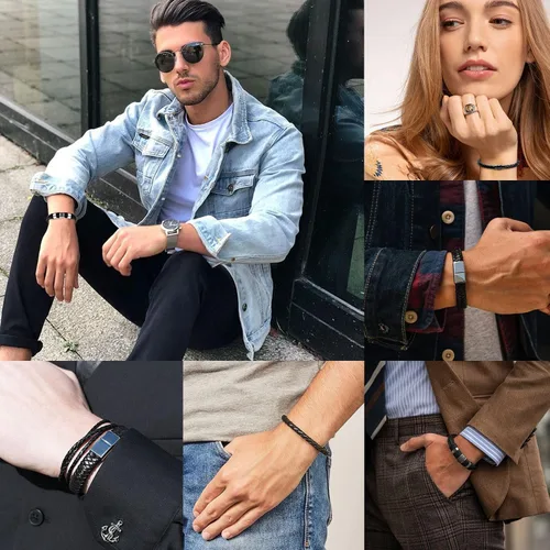 Miniatura 6 de LOWNOUR Pulseras para hombres, hechas a mano, de cuero, para hombres, trenzadas, negras, regalos para hombres, cuero y acero, 8.5 pulgadas, Cuero