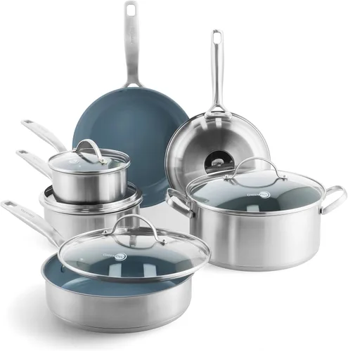 GreenPan Treviso - Juego de utensilios de cocina de 10 piezas, revestimiento antiadherente de cerámica de acero inoxidable sin PFAS no tóxico, apto