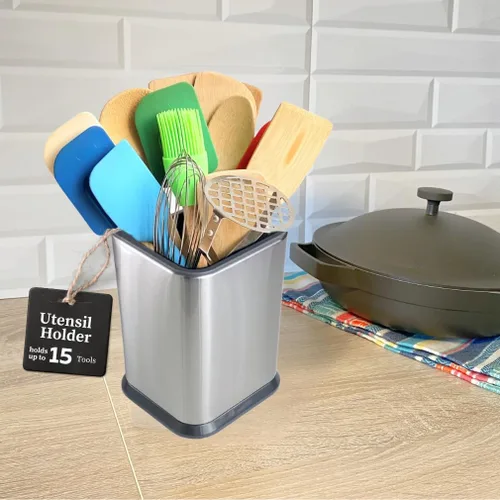 Evelots Soporte para utensilios de cocina, acero inoxidable, organizador de herramientas de cocina para encimera, almacena 15 cucharas, espátulas,