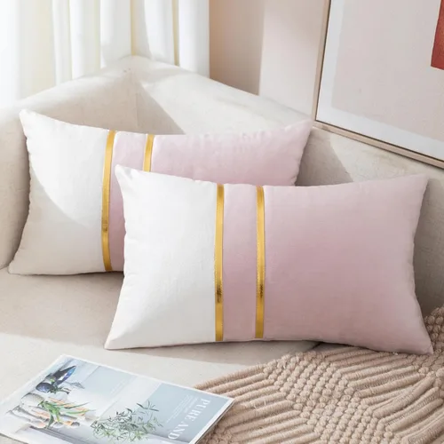 Miniatura 30 de ZLINA Juego de 2 fundas de almohada decorativas de terciopelo verde aguamarina y blanco con parches y cuero dorado de 16 × 16 pulgadas, fundas