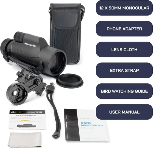 Miniatura 2 de Omano Smithsonian Telescopio monocular de 12 x 50 con adaptador para teléfono inteligente - Monoculares para adultos - Telescopio de alta potencia