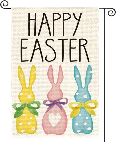 AVOIN colorlife Bandera de jardín de conejo con lunares de feliz Pascua, 12 x 18 pulgadas, doble cara en el exterior, diseño de conejito de corazón