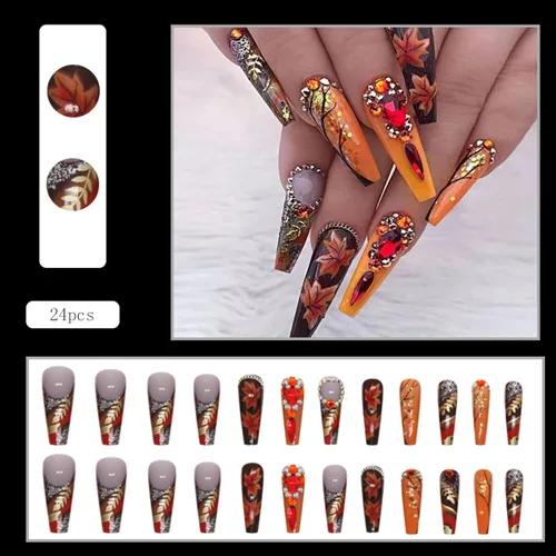 Miniatura 6 de 24 uñas postizas largas a presión con diseño de ataúd con diamantes de imitación, uñas postizas de cobertura completa, uñas postizas de otoño