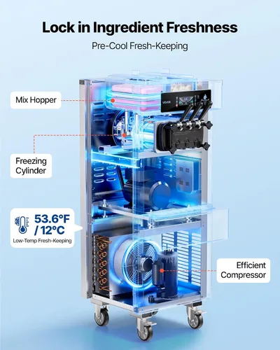Miniatura 2 de VEVOR Máquina de helados comercial, 20-28L/H de rendimiento 2200 W, máquina de helado suave independiente con 3 sabores, 2 tolvas de 6 L, bomba