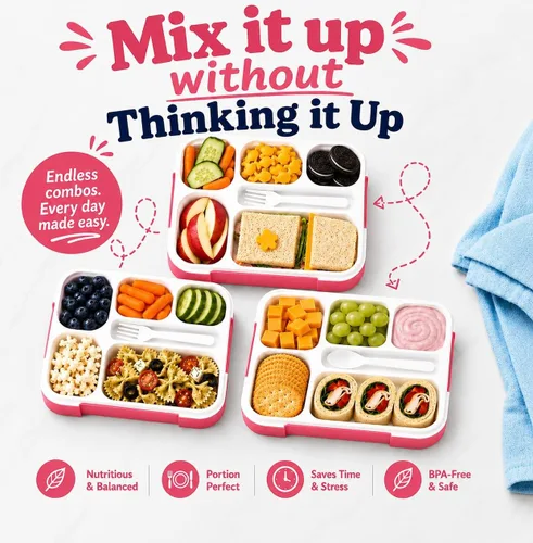 Miniatura 5 de Contenedor de lonchera Bento-Box para niños, niñas, mujeres, kit de 6 compartimentos para porciones escolares, cajas de comida o aperitivos para Rosa