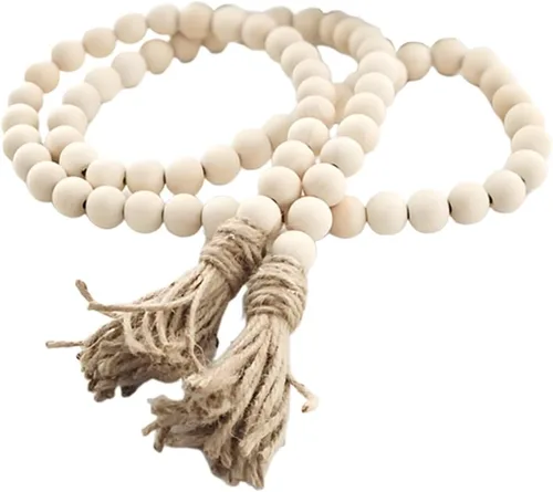 Sivya - Guirnalda de cuentas de madera con borlas de estilo rústico, decoración de paredes y bandejas de estilo rústico (color madera natural, 58