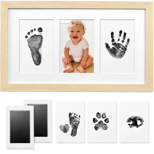 Baby Hand and Footprint Kit,Inkless Baby Handprint Kit with 2 Safe Clean-Touch Ink Pads and a Wooden Baby Picture Frames for Newborn,Baby Gifts-Ash