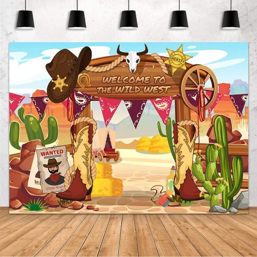 MEHOFOND Telón de fondo de vaquero del oeste salvaje, tema de vaquero occidental colgante, remolinos de papel de aluminio, decoraciones de fiesta,