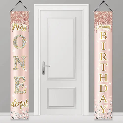 Miss Onederful - Cartel de feliz cumpleaños para puerta y letrero de porche para niñas bebés, suministros de fiesta de primer cumpleaños, decoración