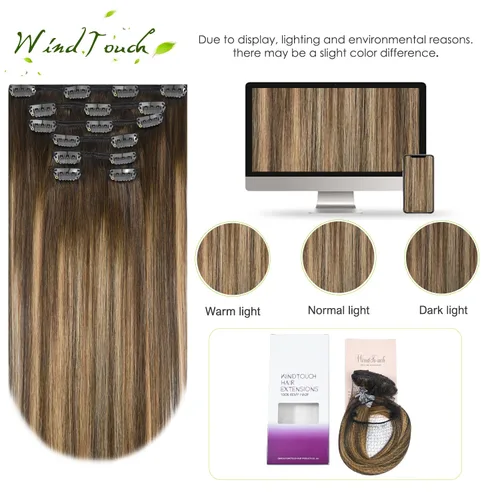 Miniatura 4 de Extensiones de cabello humano Remy con pinzas, color castaño chocolate a rubio oscuro con balayage y reflejos, para cabello castaño, 2.47 onzas, N.°
