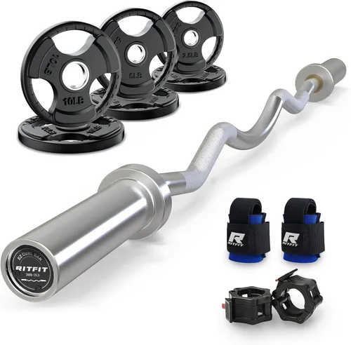 Miniatura 17 de RitFit Barra de rizo EZ de 2 pulgadas con pesas, barra olímpica de capacidad de 350 libras para bíceps y tríceps, entrenamiento de fuerza