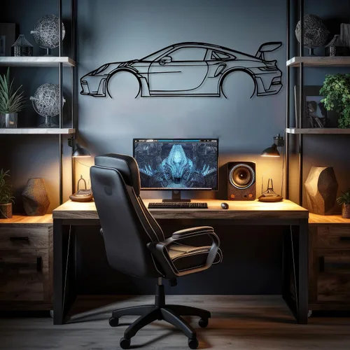 Miniatura 3 de DecoSoul Arte de Pared de Metal con Silueta de Coche 911, Coche Deportivo, Decoración de Línea de Silueta Automotriz, Cueva de Hombre, Regalo