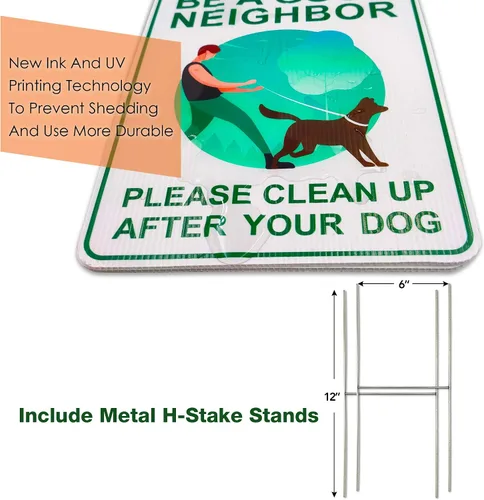 Miniatura 4 de Letreros de "Clean Up After Your Dog" (2 unidades, 9 x 12 pulgadas) con estacas en H de metal, doble cara, carteles de césped sin excremento de Verde