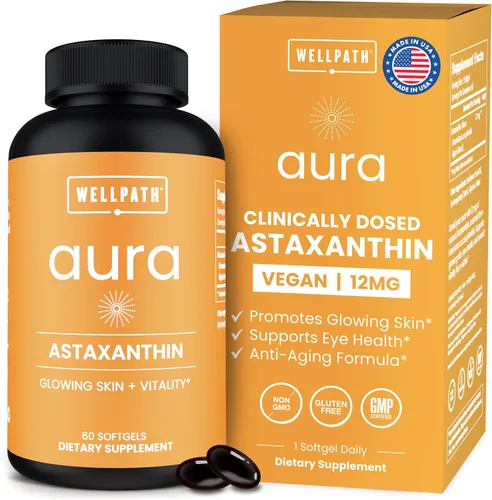 Suplementos de astaxantina de 12 mg | Cápsulas blandas veganas de astaxantina de microalgas | Antioxidante para hidratación de la piel, elasticidad