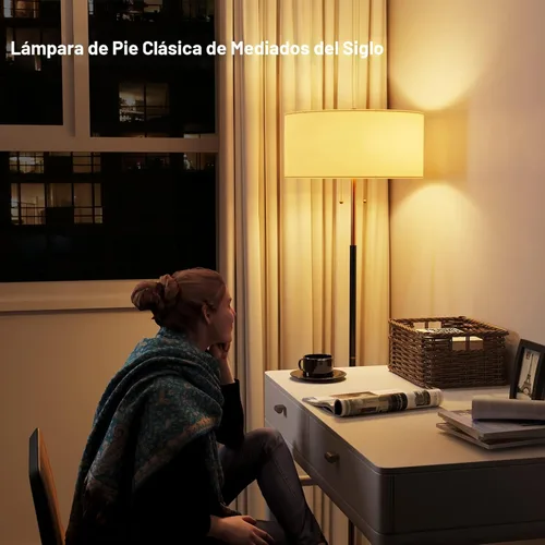 Miniatura 3 de Karjoefar Lámpara de pie de 2 luces, lámpara de pie de mediados de siglo con pantalla de tela blanca, lámpara de pie alta para sala de estar, Negro