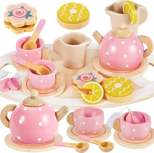 BUYGER Juego de Té de Madera para Niñas Pequeñas, Juego de Cocina de Simulación para Niños Pequeños, Accesorios de Cocina de Princesa, Regalos de