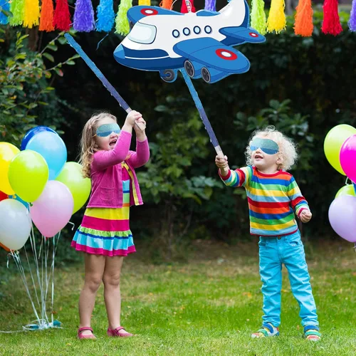 Miniatura 7 de Piñata de avión de 16.1 x 10.31 pulgadas, piñata patriótica roja, azul y blanca con palo para los ojos vendados, confeti, fiesta de cumpleaños