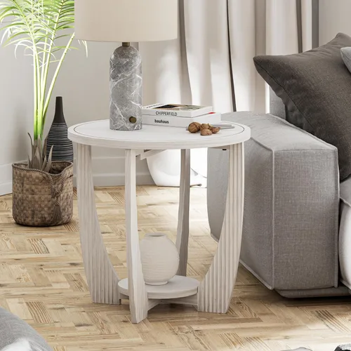 Miniatura 10 de COZAYH Mesa auxiliar redonda de granja con base de pedestal entrecruzada, mesa auxiliar con acabado envejecido, mesa decorativa rústica para sala