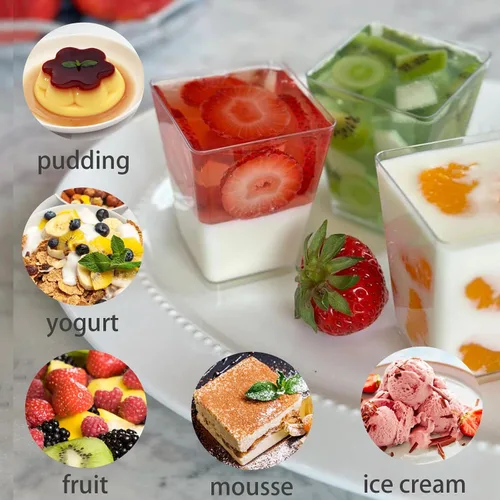 Miniatura 5 de Hiasobre Paquete de 100 vasos de plástico de 5 onzas para postre con tapas y cucharas, tazas reutilizables de parfait transparente, vasos cuadrados