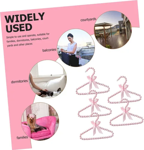 Miniatura 3 de 5 piezas de perlas rosadas pequeñas perchas de ropa con perlas de imitación con lazo de cinta para mascotas, perros, gatos, ropa de bebé