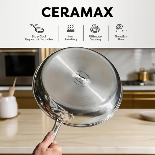 Miniatura 7 de CERAMAX Gotham Steel Hybrid - Juego de 3 sartenes antiadherentes de acero inoxidable de 8, 10 y 12 pulgadas, listo para inducción, fabricado sin