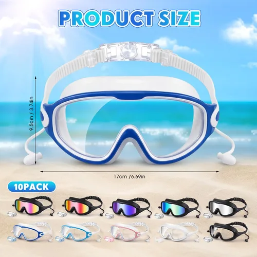 Miniatura 2 de Kanayu 10 gafas de natación para adultos con tapones para los oídos, clip para la nariz, visión amplia, sin fugas, antiniebla, para adultos, hombres