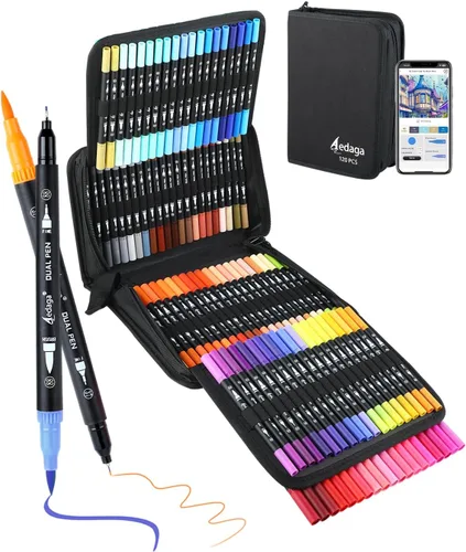 AEDAGA Rotuladores de Punta Doble Numerados de 120 Colores con Aplicación Gratuita, Rotuladores de Punta Fina y Pincel para Adultos, Marcadores para