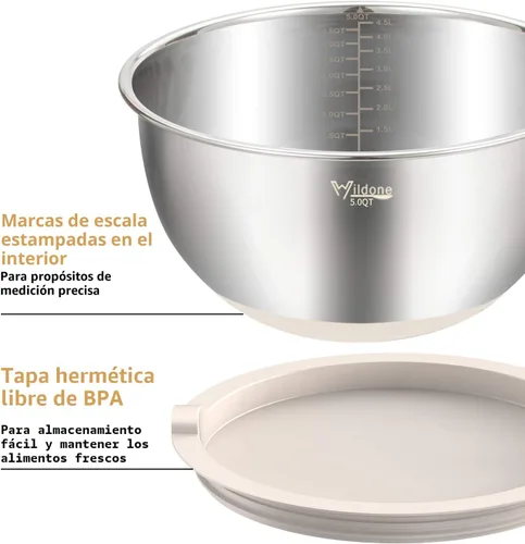 Miniatura 2 de Wildone Juego de 5 cuencos anidables para mezclar con tapas herméticas, 5 piezas de cuencos de acero inoxidable color caqui para cocina