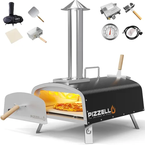 Miniatura 11 de PIZZELLO Horno de pizza para exteriores de 12 pulgadas, con propano y leña, multicombustible, con quemador de gas, bandeja de madera, piedra, Negro