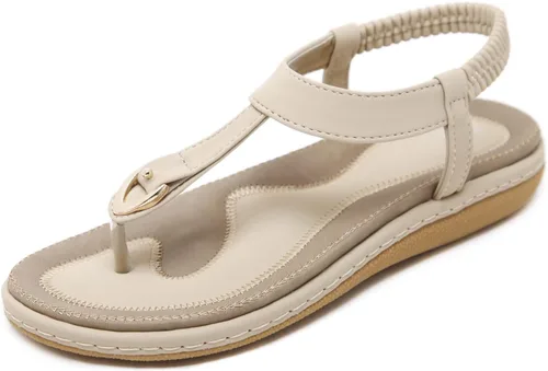 SHIBEVER Sandalias bohemias para mujer de verano con cuentas y tirantes delgados al tobillo, zapatos elegantes