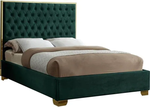 Miniatura 4 de Meridian Furniture Colección Lana Modern Cama tapizada de terciopelo contemporáneo con acolchado profundo detallado y patas doradas, tamaño Verde