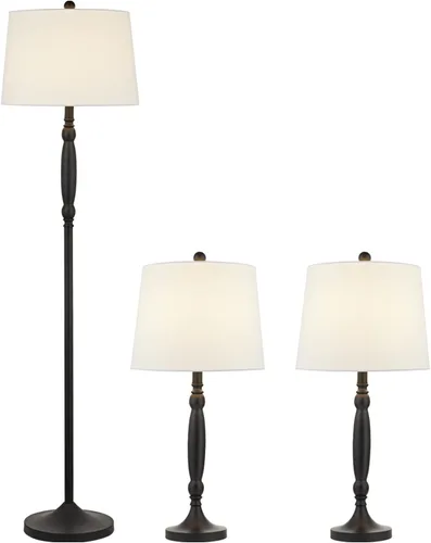 Miniatura 2 de Maxax Juego de 3 lámparas de mesa y lámpara de pie, lámparas tradicionales con pantalla de tela de lino blanco para sala de estar, dormitorio, sala