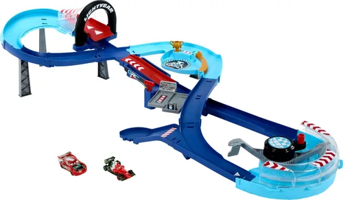 Mattel Disney y Pixar Cars Set de Juego con 2 Vehículos de Juguete, Lightning McQueen y Francesco Bernoulli, Pista de Carreras GRC con Salto