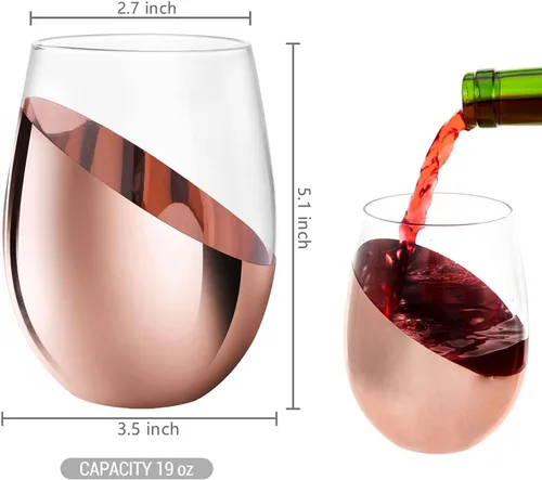 Miniatura 4 de MyGift Juego de 4 copas de vino sin tallo - Barware moderno con acento en cobre, elegantes copas para bodas y celebraciones con acabado metálico