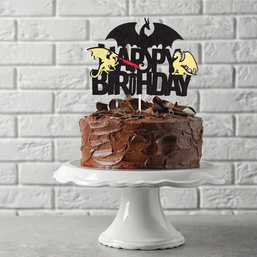 Miniatura 2 de Decoración para pastel de cumpleaños con purpurina negra de dragón de fuego, juegos de decoración de fiesta de dragón para niños y hombres
